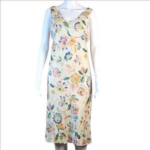 Vintage Ralph Lauren 100% Silk Cream Floral Print Sleeveless V-Neck Slip Dress